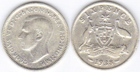1938 Australia silver Sixpence A000826